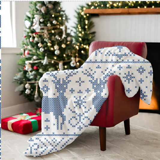 Blue Snowflake Holiday Plush Blanket, Cozy Winter Decor, Soft Throw Blanket, Reindeer Pattern, Festive Gift