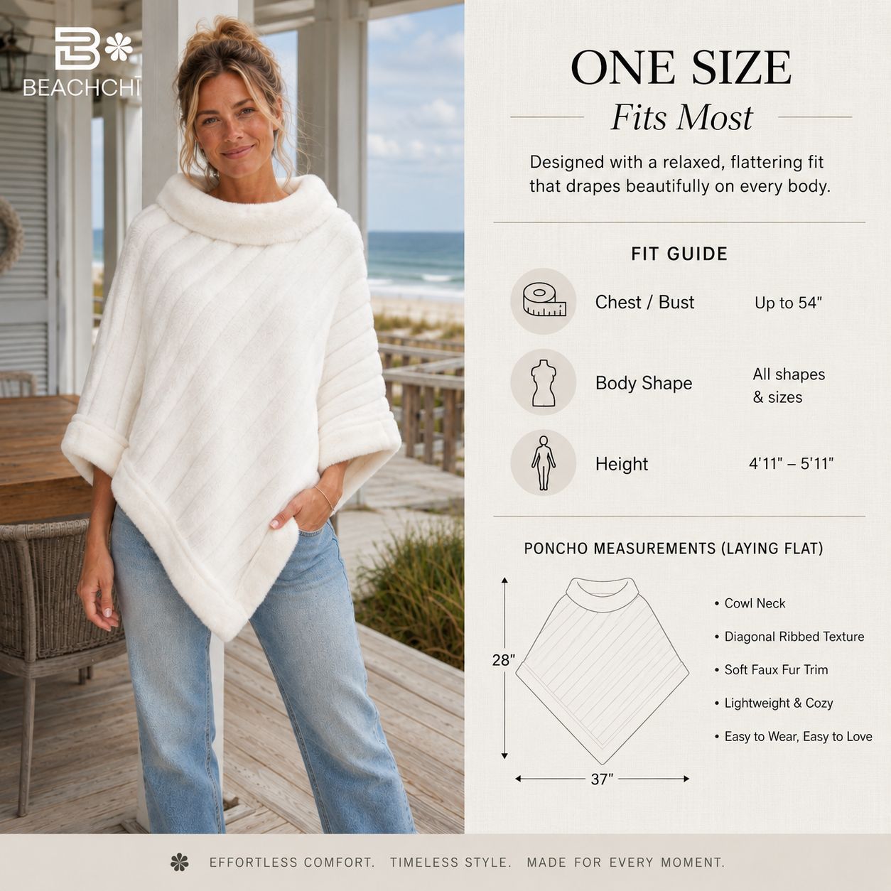 Ivory Women’s Poncho | Cozy Cowl Neck Fall Layer | Beachchī