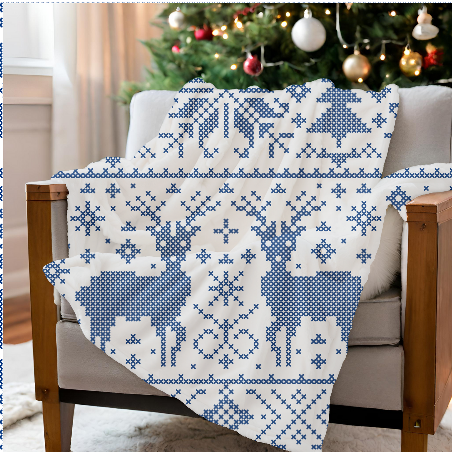 Blue Snowflake Holiday Plush Blanket, Cozy Winter Decor, Soft Throw Blanket, Reindeer Pattern, Festive Gift