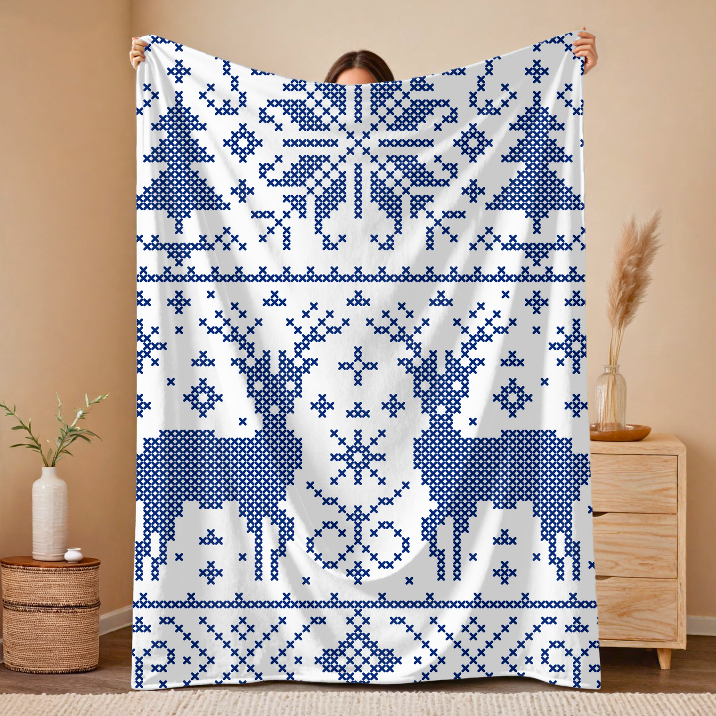 Blue Snowflake Holiday Plush Blanket, Cozy Winter Decor, Soft Throw Blanket, Reindeer Pattern, Festive Gift