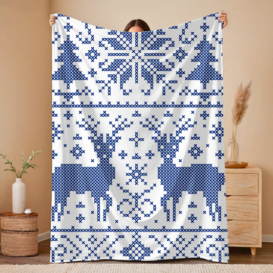 Blue Snowflake Holiday Plush Blanket, Cozy Winter Decor, Soft Throw Blanket, Reindeer Pattern, Festive Gift