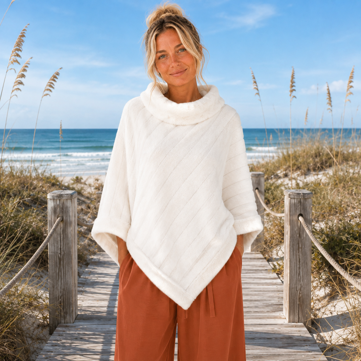 Ivory Women’s Poncho | Cozy Cowl Neck Fall Layer | Beachchī