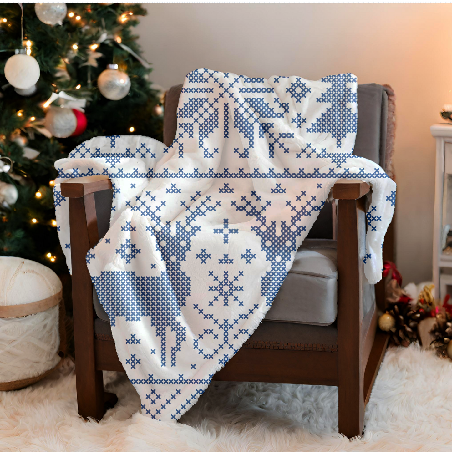Blue Snowflake Holiday Plush Blanket, Cozy Winter Decor, Soft Throw Blanket, Reindeer Pattern, Festive Gift